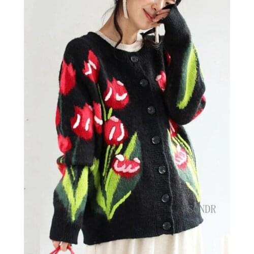 Mohair Black Cardigan Tulip Jacquard Knit Cardigan Sweater Women 2020 Winter Round Neck Single Breasted Loose Sweater Coat
