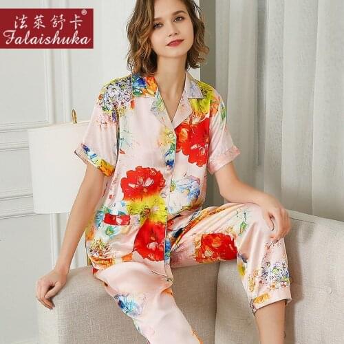 Elegant Fresh flowers 100% silk pajamas sets women sleepwear short sleeves Korean sweet 100% genuine silk womens pyjamas T8239