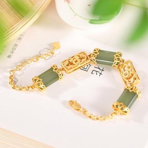 Original S925 Sterling Silver Gold-Plated Inlaid Natural Hetian Jade Gray Jade Ancient Style Chinese Style Personalized Ruyi Fem