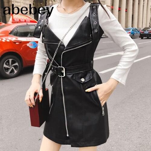 2019 Autumn Winter Women PU Faux Leather Dress with belt V Neck Sexy Slim Retro Black Mini Dress vestido de festa AM06