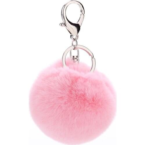 Furling Silver Plated Key Chain with 8cm Sof Genuine Rex Rabbit Fur Fluffy Pom Pom Ball Key Ring Handbag Charm Gifts Accessories