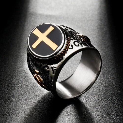 Religious Males Ring Gold Silver Color Vintage Anillo Stainless Steel Prayer Hands Cross Catholic Punk Men Jewelry CN002