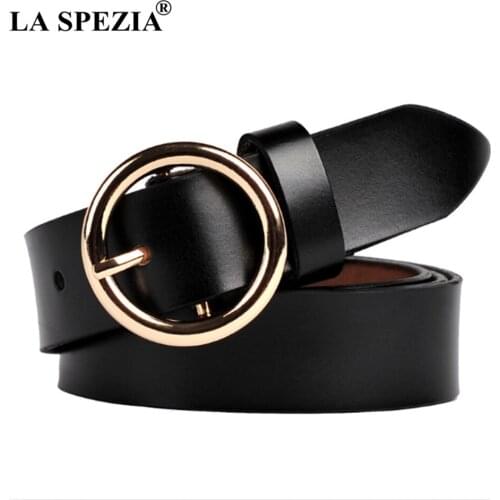 LA SPEZIA Woman Belt Circle Real Leather Pin Buckle Belt Ladies Black Round Genuine Leather Cowhide Fashion Female Brand Belts