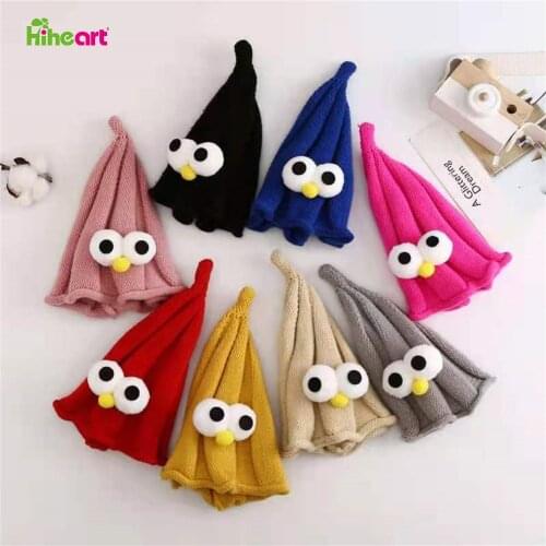 Hiheart Infant Hats Autumn and Winter Warm Knitted Woolen Hats Cartoon Big Eyes Pointed Hats Childrens Pumpkin Hats