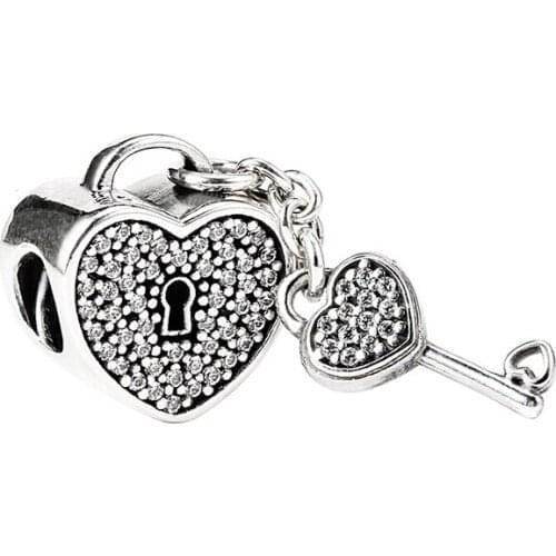100% 925 Sterling Silver Lock of Love Charm Fits Pandora Bracelet Clear CZ Beads for Jewelry Making Women DIY Gift Bijoux