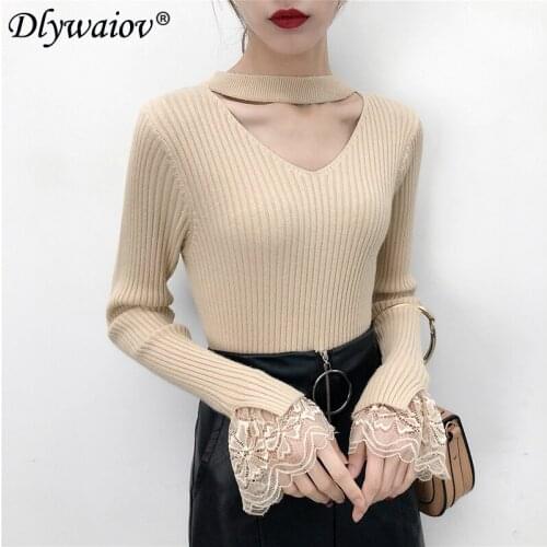Warm Thicken Sweater Sexy Lace Flared Sleeves 2020 Winter Wild High Quality Slim Pullover Clothes Female Korean Sweater Ladies
