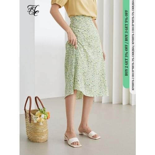 FANSILANEN Office Lady A-line High Waist Green Skirt Women Summer 2021 New Chiffon Floral Skirt Long Casual Simple Korean Style