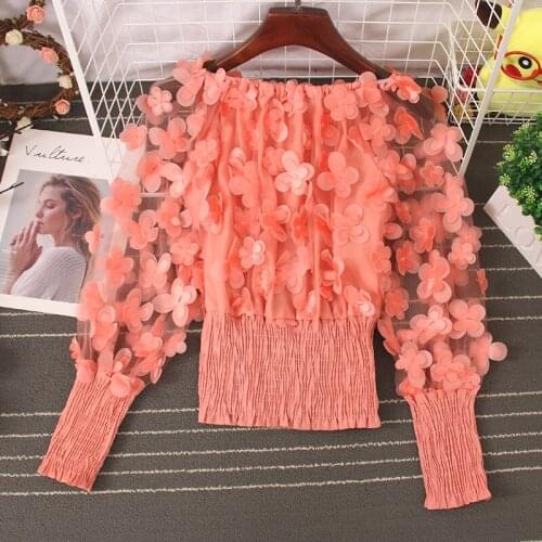 Women Slash Neck Puff Sleeve 3D Layers Flower Mesh Gauze Ruffles Shirt Lady Short Elastic Slim Waist Organza Chic Blouse Tops
