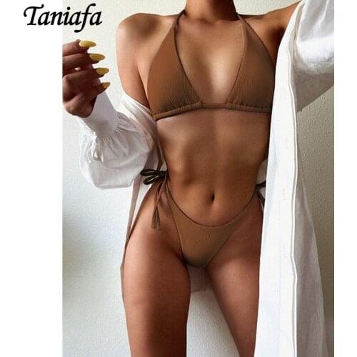 Women Fashion Two Piece Bikini Solid Color Bikini Swimwear Ladies Split Bandage Swimsuit Triangle Bikini Underwear Beach