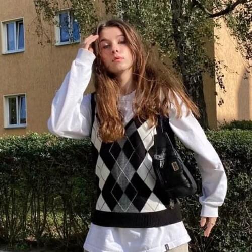 Foridol Agryle Knitted Vintage Women Sleeveless Sweater Vest Autumn V Neck Black White Waistcost Oversized Winter Knitwear Tops