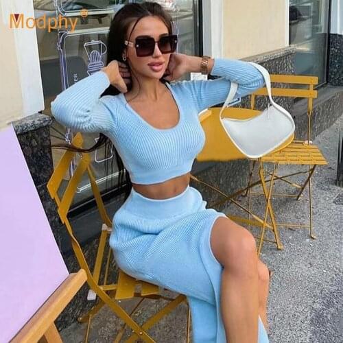 Free Shipping Women 2 Piece Set Pullover Top & High Waist Split Long Skirt Casual Knit Sets 2021 Autumn Winter Female Streetwear