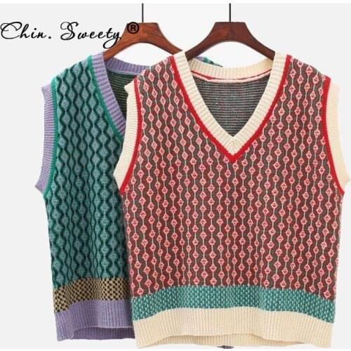Womens Knitted Sweater Vest V-neck Sleeveless Pullover Vintage Female Vests 2021 Spring Autumn Sweet Student Tops Clothes