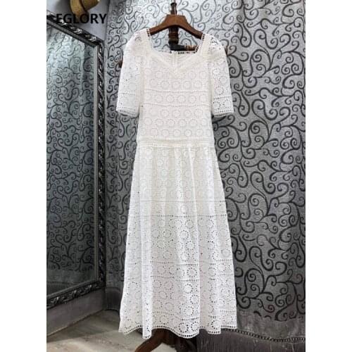 100%Cotton Long Dress 2021 Spring Summer Vestidos Special Occasion Woman Hollow Out Embroidery Short Sleeve White Maxi Dress