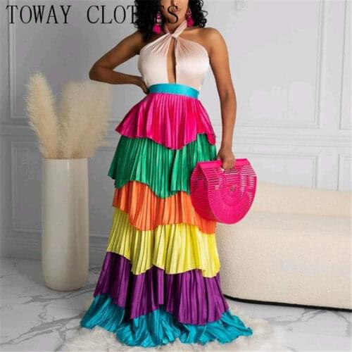 Women Color Block Cut-out Halter Sleeveless Layered Tiered Maxi Dress Casual Sexy Long Dresses