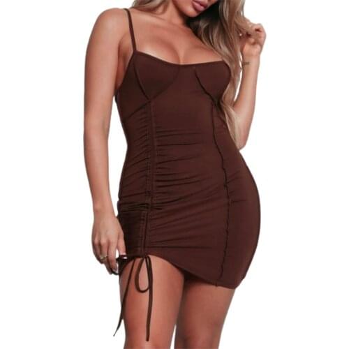 Drawstring Tight Slip Dress Women Summer Sexy Spaghetti Strap Dresses Ladies Club Solid Party Slim Bodycon Backless Mini Dresses