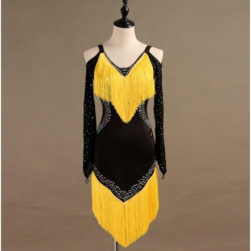 Latin Dance Dress Women Long Sleeve Shiny Yellow Tassel Black Clothes Female Ballroom Dance Stage Performance Costumes DQL3009