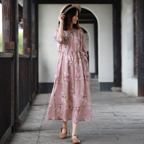 Women Loose Printed Floral Ramie Dress Ladies Vintage Summer Ramie Dress Female 2021 V neck Dresses