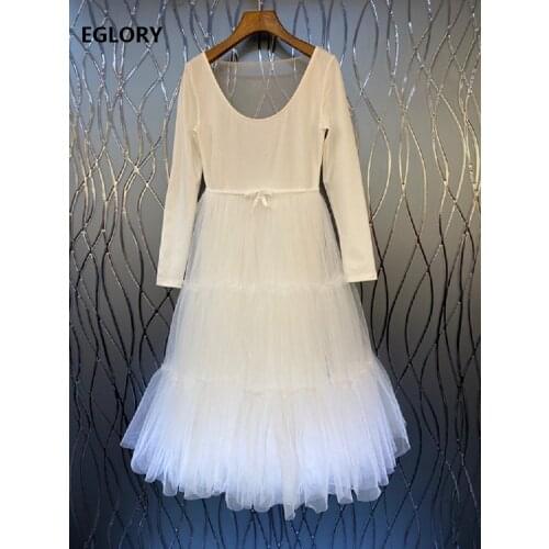 Ball Gown Dress 2021 Spring Fashion Women Deep U Neck Sexy Tulle Mesh Patchwork Long Sleeve Casual Gown Ladies White Dress Sweet