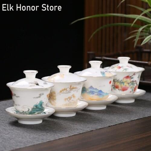 150ml Dehua Mutton Fat Jade White Porcelain Sancai Tureen Personal Hand Painted Landscape Gaiwan Make Flower Tea Cups Teaware