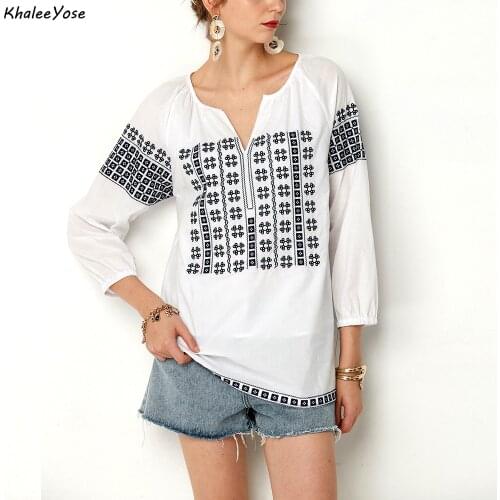KHALEE YOSE White Floral Embroidery Blouses Shirt Cotton Boho Spring Mexican Shirt Oversized Plus Size Front 3xl Ethnic Shirt