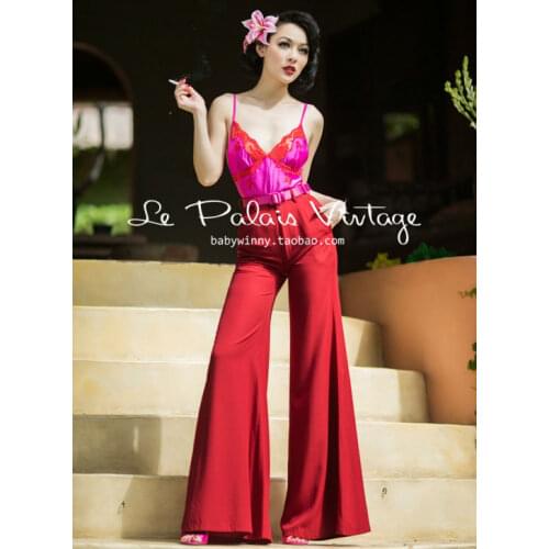 FREE SHIPPING Le Palais Vintage elegant retro classic dark red waisted skinny all-match wide leg pants