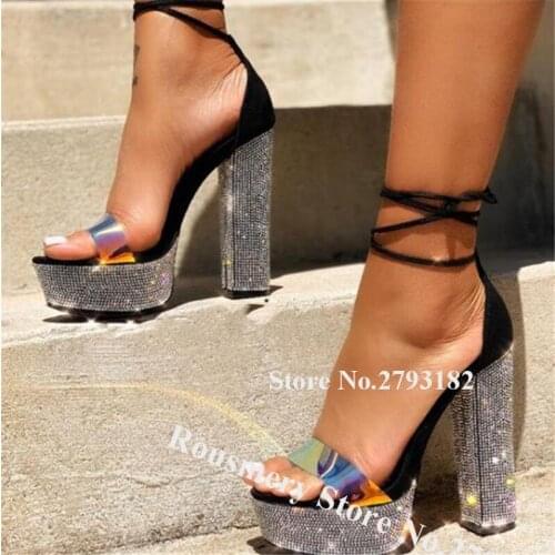 Colorful Bling Bling Rhinestone High Platform Chunky Heel PVC Sandals Shining Black Crystal Thick High Heel Sandals Heels
