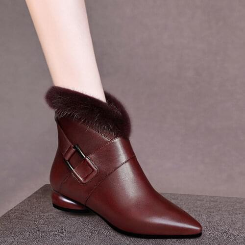 Mink ankle boots women 2020 womens winter shoes pointed toe low heel ladies shoes