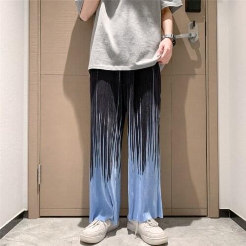 Summer Thin Pleated Pants Mens Fashion Tie-dye Casual Pants Men Streetear Loose Hip-hop Wide-leg Pants Mens Ice Silk Trousers