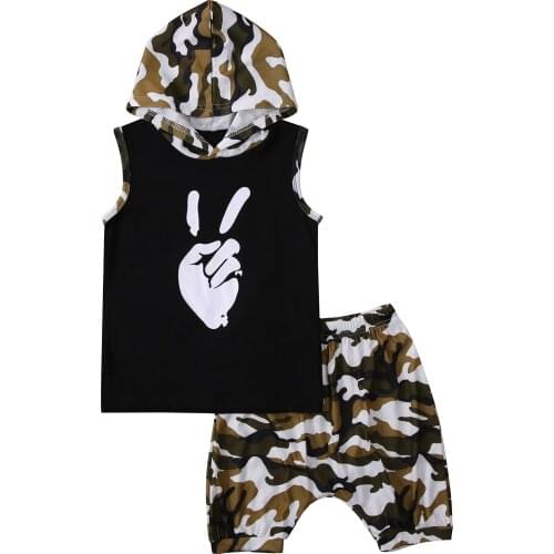 Kids Baby 2-Piece Outfit Set Summer Sleeveless Print Hooded Top+Camouflage Shorts Set for Children Boys 1-6Y