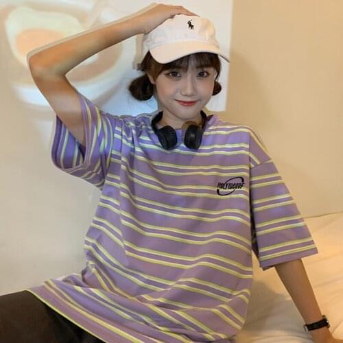 Grunge Stripes Girls' Short t-Shirt High Street Korean Fashion Oversized Vintage All-Match Clothes Harajuku Casual Streetwear