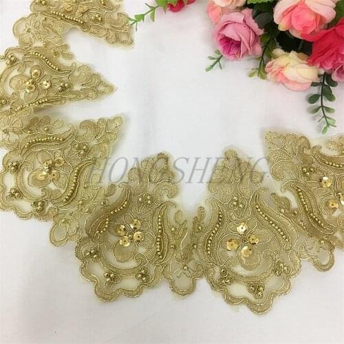 Delicate 3Yd Wedding Dress Beaded Lace Applique Gold Thread Embroidery Lace Accessories Trim LJ0005