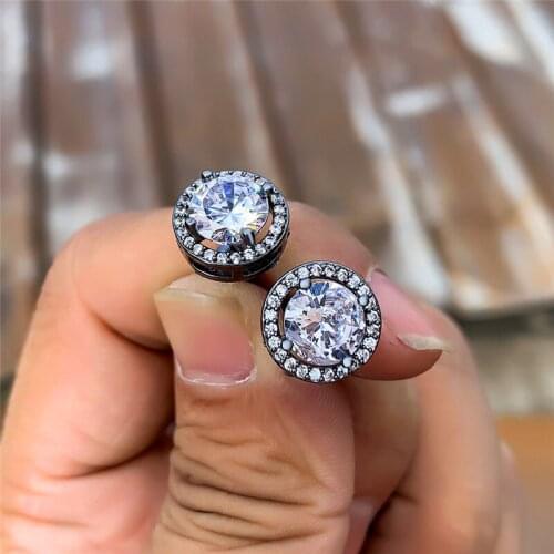 Dainty Female White Crystal Stone Earrings Classic Black Gold Color Stud Earrings For Women Trendy Round Zircon Wedding Earrings