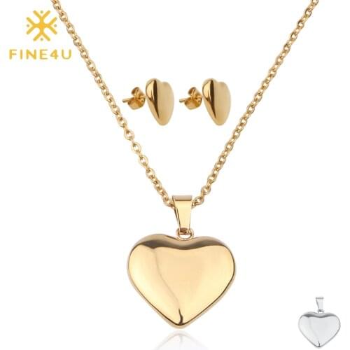 FINE4U N205 Big Heart Pendant Necklace Earrings Sets For Women Stainless Steel Bridal Wedding Party Jewelry Set