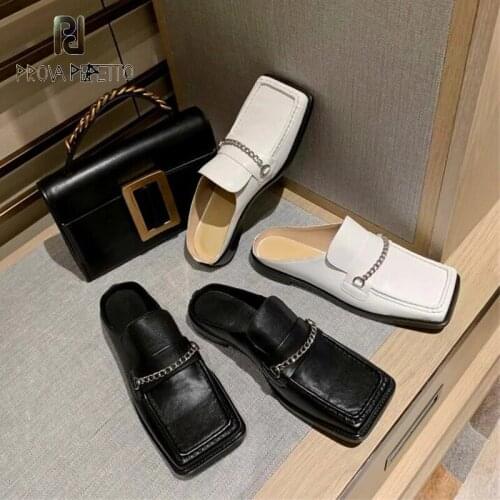 British style square toe leather Muller shoes spring and summer chain decoration low-heel fashion half slippers women
