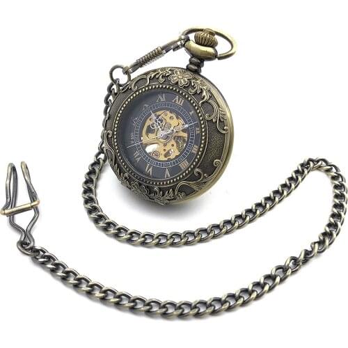 Steampunk Mechanical Hand Wind Pocket Watches Mens Bronze Tone Skeleton Dial Transparent Retro Pocket & Fob Watch w/ Chain Gift