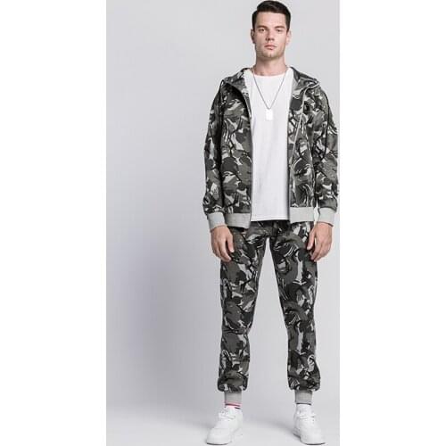 Mens Hooded Sweatshirt Suit Casual Camouflage Patchwork Long Sleeve Sportswear with Drawstring Trousers for Spring/Fall/Winter