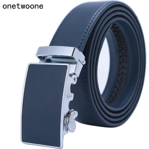 Mens High Quality Genuine Leather Belt-Ratchet Automatic Buckle Men Belt Popular Business Blue Luxury Mens Belts 3.0 cm Width