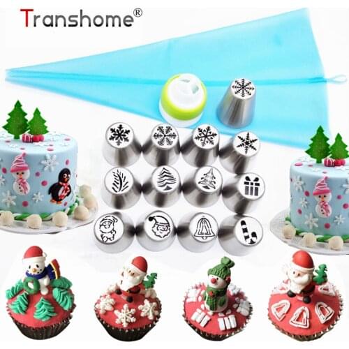Transhome Cake Decorating Tip Sets 15 Pcs/Set Christmas Confectionery Nozzles Series Snowflake Tree Stainless Cream Baking Tools