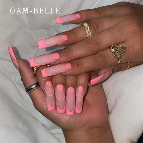 GAM-BELLE Long Ballerina Coffin Fake Nails Matte Pink Artificial Nail Tips Full Cover DIY Manicure Nail Art Decor Extension Tool