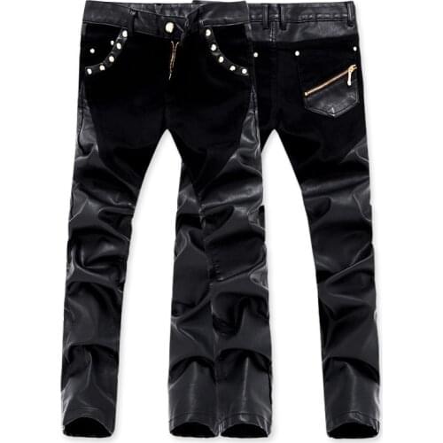 New Fashion Boutique Mens Leather Pants Patchwork Casual Skinny Motorcycle Leather Pants Mens Slim Stretch PU Leather Pants