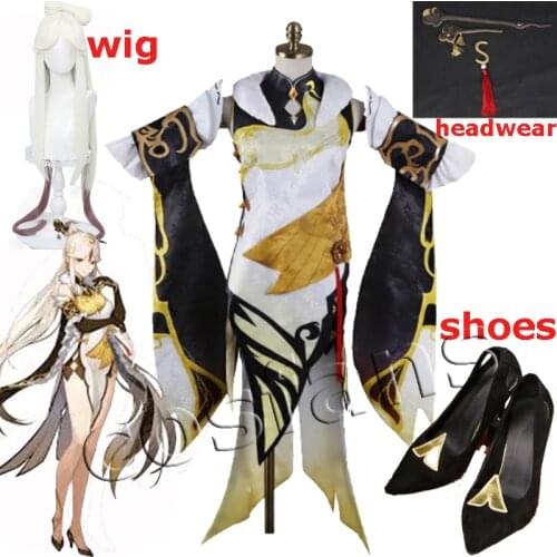 2020 Anime Game Genshin Impact Cosplay Ningguang Costume Ning Guang Cosplay Dress Ningguang Cosplay Genshin Impact Wig+wig cap