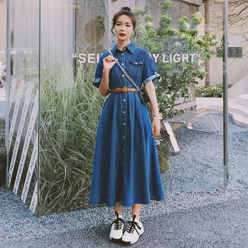 Long Denim Dress Women 2021 Summer Short-Sleeved Maxi Ankle-Length Jeans Pockets Buttons Korean Fashion Casual Clothes Outwear
