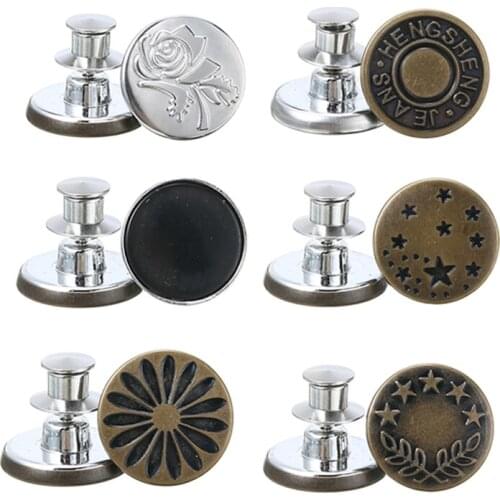 6pcs 17MM Jean Buttons Retro Pattern Alloy Jean Pants Buttons Replacement No Sew Instant Detachable Button Accessories