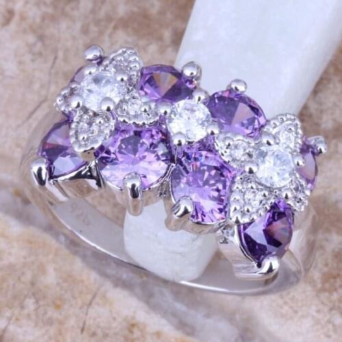 Silky White CZ Purple Cubic Zirconia Silver Plated Womens Jewelry Ring Size 6 / 7 / 8 / 9 R0762