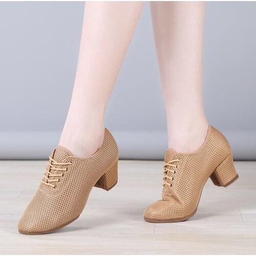 USHINE Summer Heel 5cm Rubber Sole Soft Full Mesh Cha Cha Teacher Dance Shoes BD-Ballroom Ballet Latin Dancing Shoes Woman