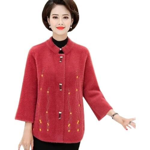 Womens Jacket Autumn Winter 2021 New Imitation mink velvet Cardigan Female Middle-aged Loose Short Knit Sweater Overcoat Tops