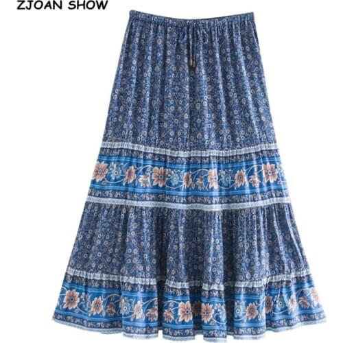 2020 Bohemian Stream Flower Print Long Skirt Stitching Ruched Ruffle Hem Holiday Women Adjust Stream Waist Swing Skirts Beach