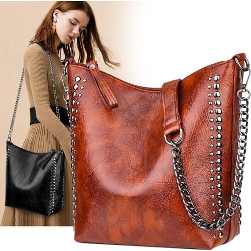 Womens Chain Shoulder Bag Rivet Handbags Messenger Bags Soft Leather Bucket Bag