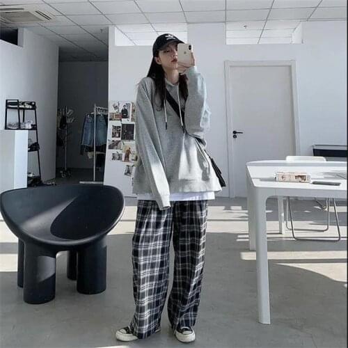 Plaid Pants Women Casual Chic Oversize 3XL Loose Wide Leg Trousers Ins Retro Teens Harajuku Hip-hop All-match Unisex Streetwear