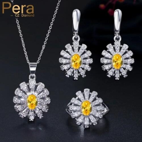 Pera 3 Pcs White Gold CZ Jewelry Sets for Women Big Yellow Stone Sun Cluster Flower Tennis Necklace and Earrings Ring J189